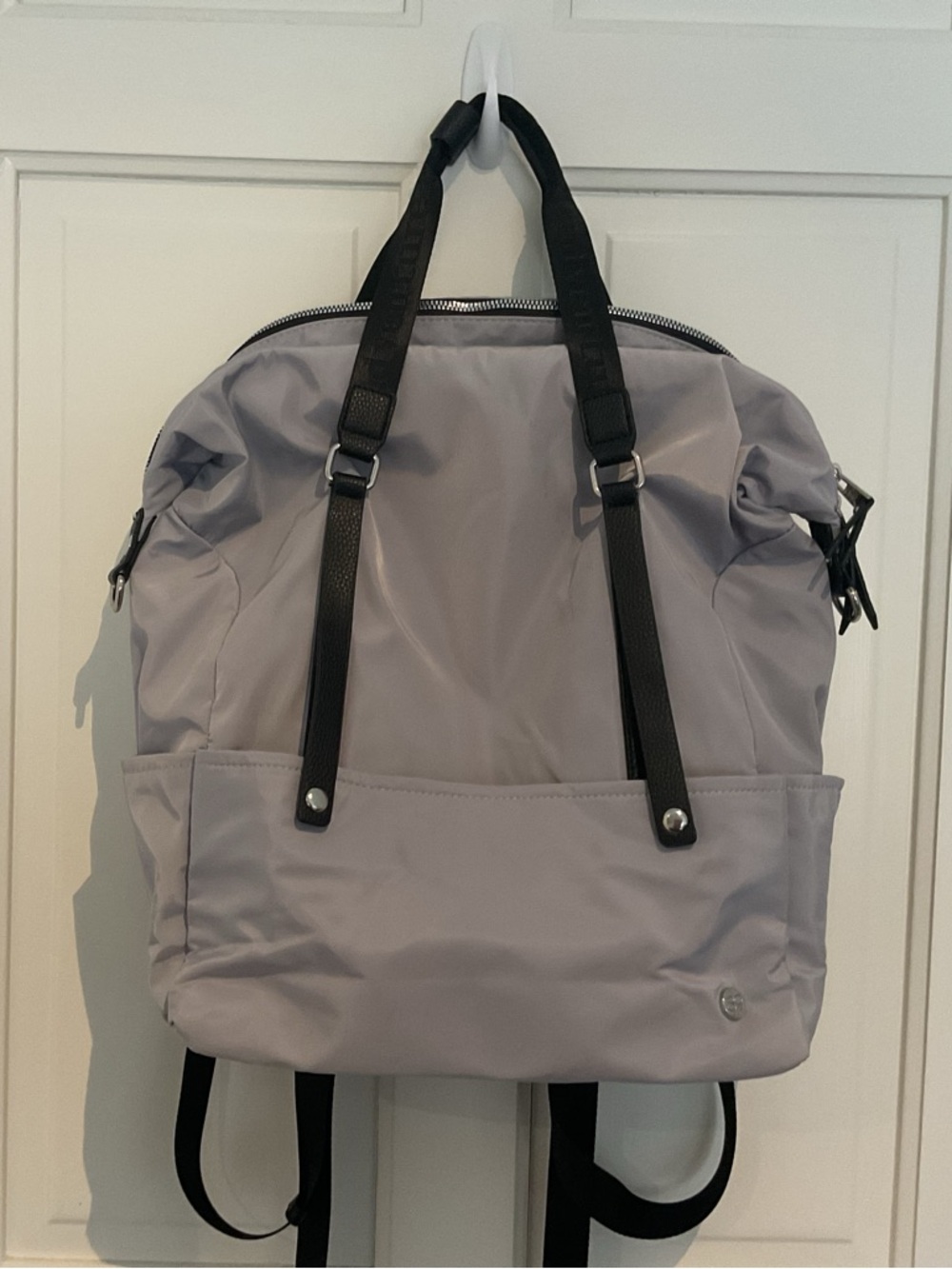 Light Gray Women’s Backpack Tote with Black Straps